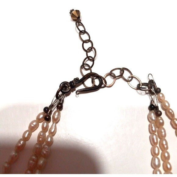 3 Strand Necklace Amber/Brown Beads Seed Pearl Look Adjustable Length Handmade - Picture 2 of 6